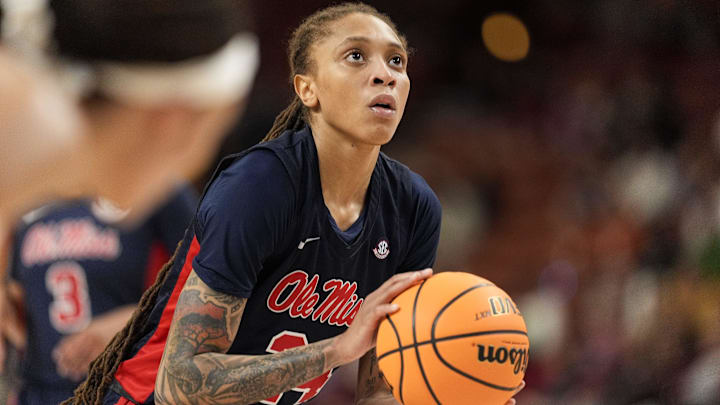 Mar 7, 2025; Greenville, SC, USA; Ole Miss Rebels guard Madison Scott (24) at the free throw line against the Texas Longhorns during the first half at Bon Secours Wellness Arena. Mandatory Credit: Jim Dedmon-Imagn Images
