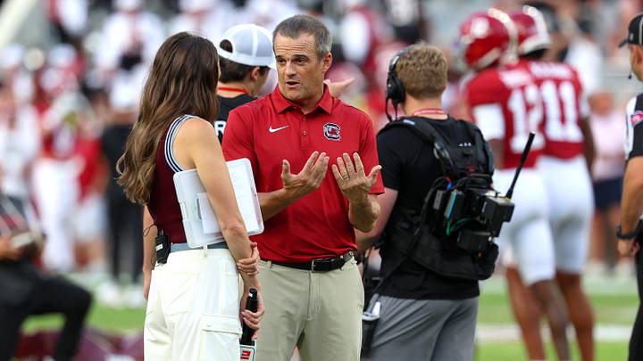Sep 26, 2026; Tuscaloosa, Alabama, USA;  South Carolina Gamecocks head coach Shane Beamer speaks with ESPN's Taylor McGregor before a game against the Alabama Crimson Tide at Saban Field at Bryant-Denny Stadium.  Mandatory Credit: David Leong-Imagn Images