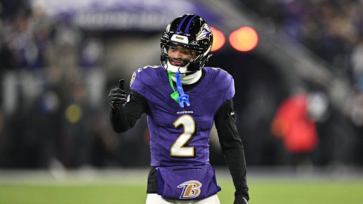 Jan 11, 2025; Baltimore, Maryland, USA; Baltimore Ravens cornerback Nate Wiggins (2) reacts in the first quarter against the Pittsburgh Steelers in an AFC wild card game at M&T Bank Stadium. Mandatory Credit: Tommy Gilligan-Imagn Images