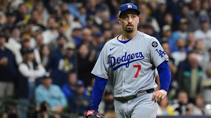 Oct 13, 2025; Milwaukee, Wisconsin, USA; Los Angeles Dodgers starting pitcher Blake Snell (7) walks back to the dugout following the seventh inning against the Milwaukee Brewers during game one of the NLCS round for the 2025 MLB playoffs at American Family Field. Mandatory Credit: Benny Sieu-Imagn Images Oct 13, 2025; Milwaukee, Wisconsin, USA; Los Angeles Dodgers starting pitcher Blake Snell (7) walks back to the dugout following the seventh inning against the Milwaukee Brewers during game one of the NLCS round for the 2025 MLB playoffs at American Family Field. Mandatory Credit: Benny Sieu-Imagn Images