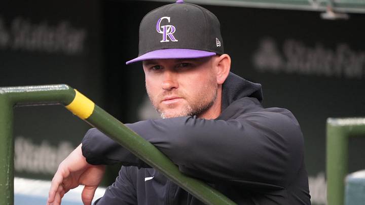 Colorado Rockies manager Warren Schaeffer (4) in the dugout before the game.  Credit: David Banks-Imagn Images