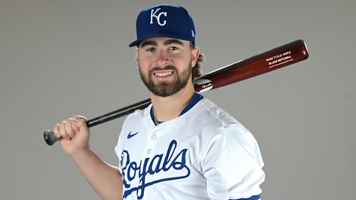 Feb 19, 2025; Surprise, AZ, USA; Kansas City Royals catcher Blake Mitchell (76) poses for a photo during media day. Mandatory Credit: Jayne Kamin-Oncea-Imagn Images  