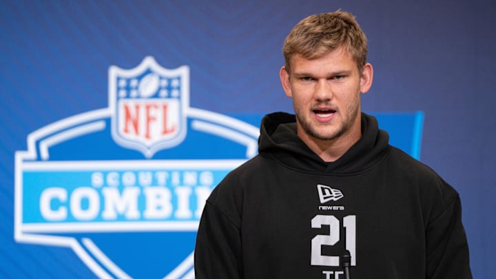 Feb 26, 2026; Indianapolis, IN, USA; Stanford tight end Sam Roush (TE21) speaks to members of the media during the NFL Combine at the Indiana Convention Center. Mandatory Credit: Jacob Musselman-Imagn Images