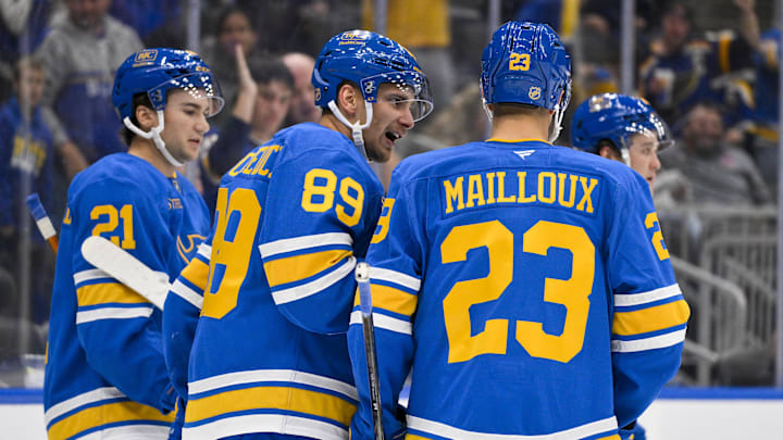Oct 2, 2025; St. Louis, Missouri, USA; St. Louis Blues left wing Pavel Buchnevich (89) is congratulated by teammates after scoring against the Ottawa Senators during the second period at Enterprise Center. Mandatory Credit: Jeff Curry-Imagn Images