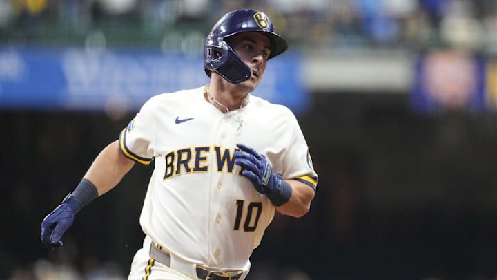 Apr 28, 2026; Milwaukee, Wisconsin, USA; Milwaukee Brewers right fielder Sal Frelick (10) rounds the bases after hitting a home run against the Arizona Diamondbacks in the second inning at American Family Field. Mandatory Credit: Michael McLoone-Imagn Images