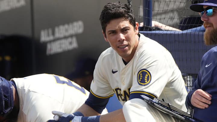 Mar 16, 2024; Phoenix, Arizona, USA; Milwaukee Brewers designated hitter Christian Yelich (22) gets