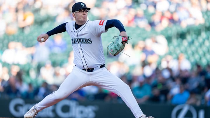Seattle Mariners pitcher Logan Evans throws during a game against the Washington Nationals on May 27 at T-Mobile Park. Seattle Mariners pitcher Logan Evans throws during a game against the Washington Nationals on May 27 at T-Mobile Park.
