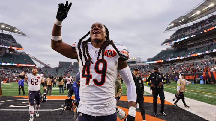 Tremaine Edmunds celebrates with teammates as they come off the field following last Sunday's win over Cincinnati.
