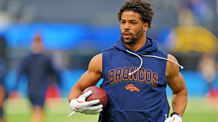 Sep 21, 2025; Inglewood, California, USA; Denver Broncos safety Brandon Jones (22) warms up before the game against the Los Angeles Chargers at SoFi Stadium. Mandatory Credit: Jayne Kamin-Oncea-Imagn Images
