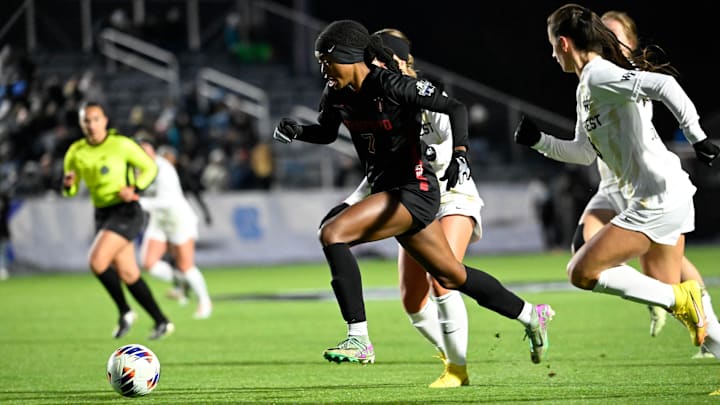 Dec 6, 2024; Cary, NC, USA; Stanford defender Lizzie Boamah (7) with the ball in the first half at WakeMed Soccer Park. Mandatory Credit: Bob Donnan-Imagn Images