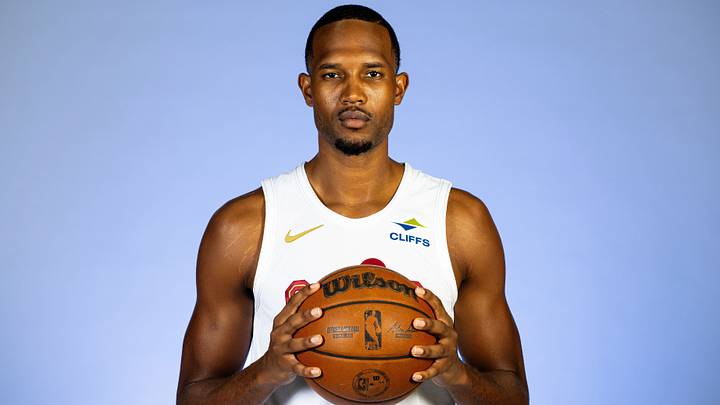 Sep 28, 2026; Cleveland, OH, USA; Cleveland Cavaliers forward/center Evan Mobley (4) poses for a photo during media day at Rocket Arena. Mandatory Credit: Ken Blaze-Imagn Images
