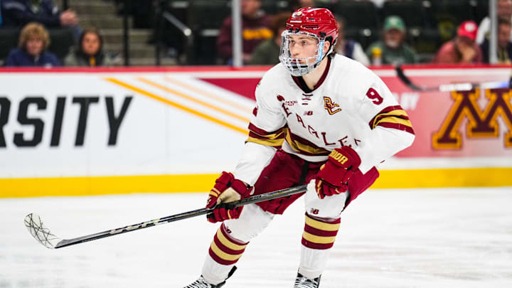 Apr 11, 2024; Saint Paul, Minnesota, USA; Boston College Eagles forward Ryan Leonard (9) looks on in the semifinals of the 2024 Frozen Four college ice hockey tournament against the Michigan Wolverines at Xcel Energy Center. Mandatory Credit: Brace Hemmelgarn-Imagn Images