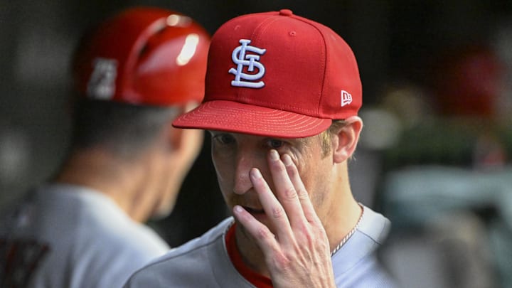 Jul 6, 2025; Chicago, Illinois, USA;  St. Louis Cardinals pitcher Erick Fedde (12) in the dugout after being relieved  during the third inning against the Chicago Cubs at Wrigley Field. Mandatory Credit: Matt Marton-Imagn Images