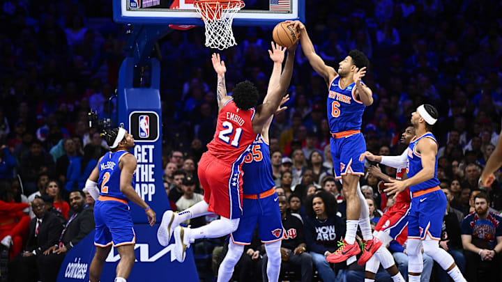 Jan 5, 2024; Philadelphia, Pennsylvania, USA; New York Knicks guard Quentin Grimes (6) defends a