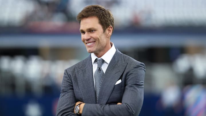 Oct 13, 2024; Arlington, Texas, USA; Fox Sports  broadcaster Tom Brady before the game between the Dallas Cowboys and Detroit Lions at AT&T Stadium.