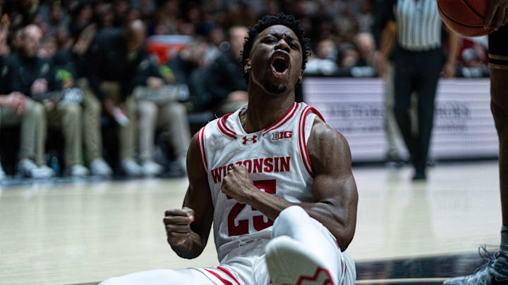 Mar 7, 2026; West Lafayette, Indiana, USA; Wisconsin Badgers guard John Blackwell (25) celebrates making a basket during the first half against the Purdue Boilermakers at Mackey Arena.