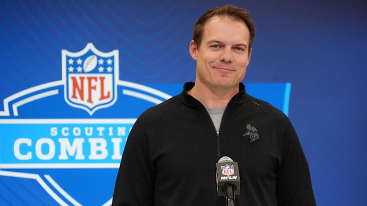 Feb 25, 2025; Indianapolis, IN, USA; Minnesota Vikings coach Kevin O'Connell speaks during the NFL Scouting Combine at the Indiana Convention Center.