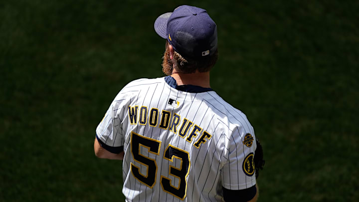 Jul 12, 2025; Milwaukee, Wisconsin, USA;  Milwaukee Brewers pitcher Brandon Woodruff (53) during warmups prior to the game against the Washington Nationals at American Family Field. Mandatory Credit: Jeff Hanisch-Imagn Images