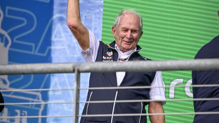 Oct 23, 2022; Austin, Texas, USA; Helmut Marko of Red Bull Racing Team holds up the World Constructors' Champions trophy after the running of the U.S. Grand Prix F1 race at Circuit of the Americas. Mandatory Credit: Jerome Miron-USA TODAY Sports