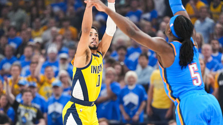Jun 22, 2025; Oklahoma City, Oklahoma, USA; Indiana Pacers guard Tyrese Haliburton (0) shoots the ball during the first quarter against the Oklahoma City Thunder during game seven of the 2025 NBA Finals at Paycom Center. Mandatory Credit: Kyle Terada-Imagn Images