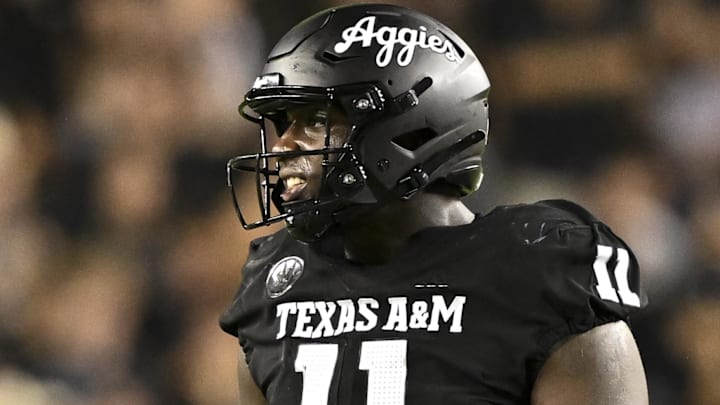 Oct 26, 2024; College Station, Texas, USA; Texas A&M Aggies defensive lineman Nic Scourton (11) reacts during the second quarter against the LSU Tigers. The Aggies defeated the Tigers 38-23; at Kyle Field. Mandatory Credit: Maria Lysaker-Imagn Images.  