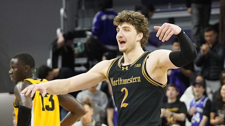 Feb 28, 2025; Evanston, Illinois, USA; Northwestern Wildcats forward Nick Martinelli (2) celebrates a win against the Iowa Hawkeyes at Welsh-Ryan Arena. Mandatory Credit: David Banks-Imagn Images