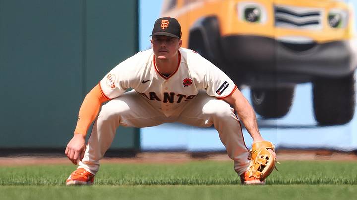 May 25, 2026; San Francisco, California, USA; San Francisco Giants third baseman Matt Chapman (26) in position during the fourth inning against the Arizona Diamondbacks at Oracle Park. Mandatory Credit: Kelley L Cox-Imagn Images