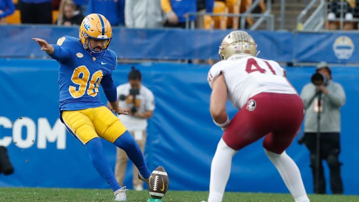 Nov 4, 2023; Pittsburgh, Pennsylvania, USA;  Pittsburgh Panthers place kicker Ben Sauls (90) kicks off to the Florida State Seminoles during the second quarter at Acrisure Stadium. Mandatory Credit: Charles LeClaire-Imagn Images