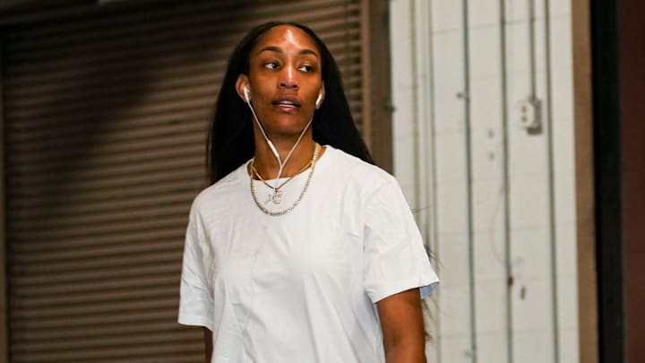 Las Vegas Aces center A'ja Wilson (22) arrives during a game between the Indiana Fever and the Las Vegas Aces at Gainbridge Fieldhouse in Indianapolis.