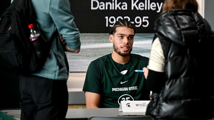 Michigan State's Jesse McCulloch talks to reporters during men's basketball media day on Thursday, Oct. 17, 2024, at the Breslin Center in East Lansing.