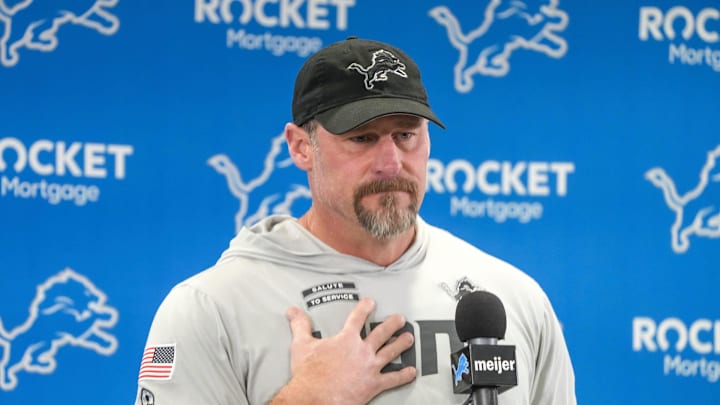 Detroit Lions head coach Dan Campbell speaks to members of the media at the Detroit Lions practice facility in Allen Park on Monday, Jan. 20, 2025, following his team’s NFC divisional playoff loss.