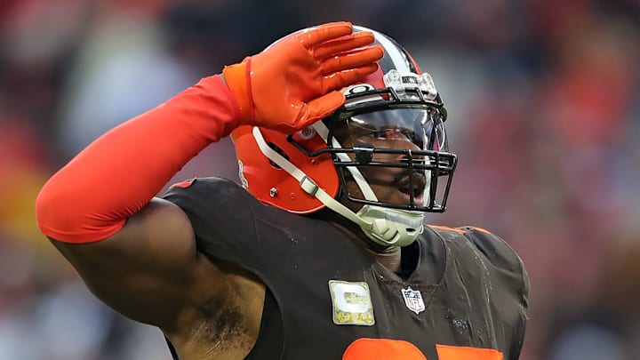 Cleveland Browns defensive end Myles Garrett celebrates after sacking Tampa Bay Buccaneers quarterback Tom Brady during the second half at FirstEnergy Stadium, Sunday, Nov. 27, 2022, in Cleveland.