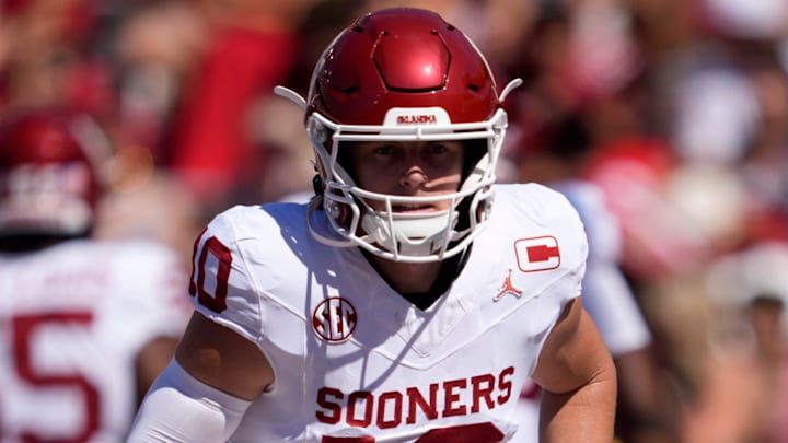 Oklahoma Sooners quarterback John Mateer (10) warms up before the Red River Rivalry college football game between Oklahoma and Texas at the Cotton Bowl Stadium in Dallas, Texas on Oct. 11.