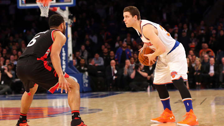 Feb 22, 2016; New York, NY, USA; New York Knicks guard Jimmer Fredette (32) works the ball during the fourth quarter against the Toronto Raptors at Madison Square Garden. Toronto Raptors won 122-95. Mandatory Credit: Anthony Gruppuso-Imagn Images
