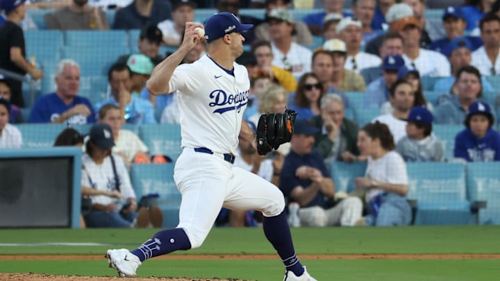 Oct 6, 2024; Los Angeles, California, USA;  Los Angeles Dodgers pitcher Jack Flaherty (0) pitches against the San Diego Padres in the fourth inning during game two of the NLDS for the 2024 MLB Playoffs at Dodger Stadium. 