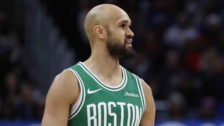 Jan 19, 2026; Detroit, Michigan, USA;  Boston Celtics guard Derrick White (9) looks on during the second half against the Detroit Pistons at Little Caesars Arena. Mandatory Credit: Rick Osentoski-Imagn Images