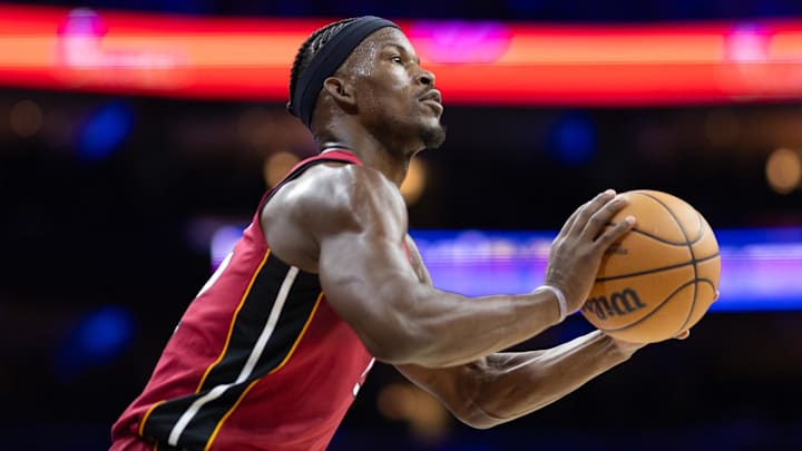 Apr 17, 2024; Philadelphia, Pennsylvania, USA; Miami Heat forward Jimmy Butler (22) lines up a shot
