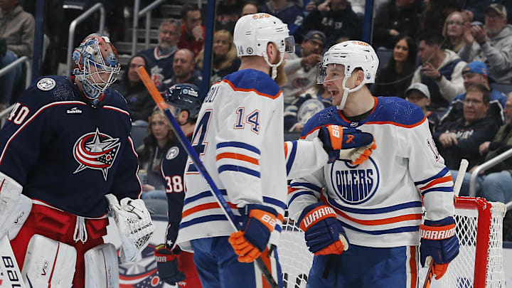 Mar 7, 2024; Columbus, Ohio, USA; Edmonton Oilers center Zach Hyman (18) celebrates his goal against