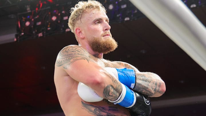 Jake Paul reacts after knocking out Andre August in the first round at Caribe Royale Orlando.