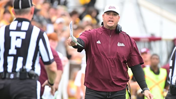 Mississippi State Bulldogs head coach Jeff Lebby reacts after a play against the Southern Miss Golden Eagles during the second quarter at M.M. Roberts Stadium in Hattiesburg, Miss., on Aug. 30, 2025.