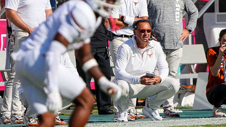 Texas Longhorns head coach Steve Sarkisian watches from the sideline during the Red River Rivalry game against Oklahoma at the Cotton Bowl on Saturday, Oct. 12, 2024 in Dallas, Texas.