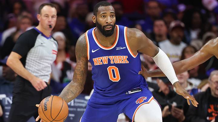 Oct 5, 2026; Philadelphia, Pennsylvania, USA; New York Knicks center Andre Drummond (0) in action against the Philadelphia 76ers at Xfinity Mobile Arena. Mandatory Credit: Bill Streicher-Imagn Images
