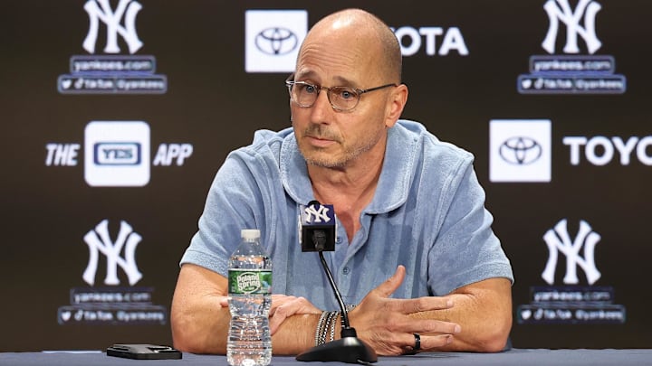 Aug 23, 2023; Bronx, New York, USA; New York Yankees general manager Brian Cashman talks with the media before the game between the Yankees and the Washington Nationals at Yankee Stadium