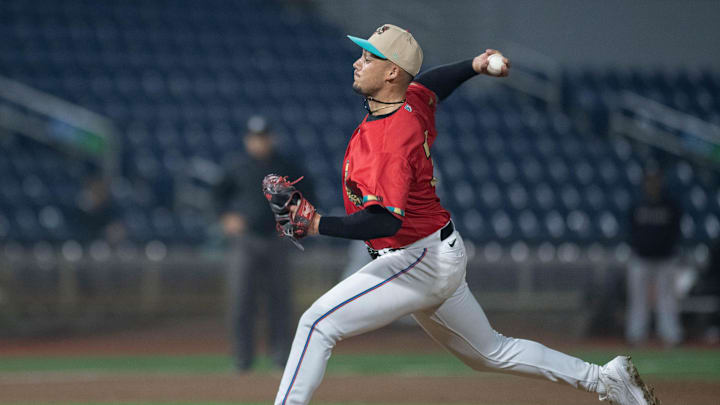 Zach McCambley (31) pitches during the Monterrey Sultanes vs Pensacola Blue Wahoos (wearing Pok-Ta-Pok uniforms) exhibition baseball game at Blue Wahoos Stadium in Pensacola on Tuesday, April, 2, 2024. Pok-Ta-Pok was a Mesoamerican game played in the 16th century. Zach McCambley (31) pitches during the Monterrey Sultanes vs Pensacola Blue Wahoos (wearing Pok-Ta-Pok uniforms) exhibition baseball game at Blue Wahoos Stadium in Pensacola on Tuesday, April, 2, 2024. Pok-Ta-Pok was a Mesoamerican game played in the 16th century.