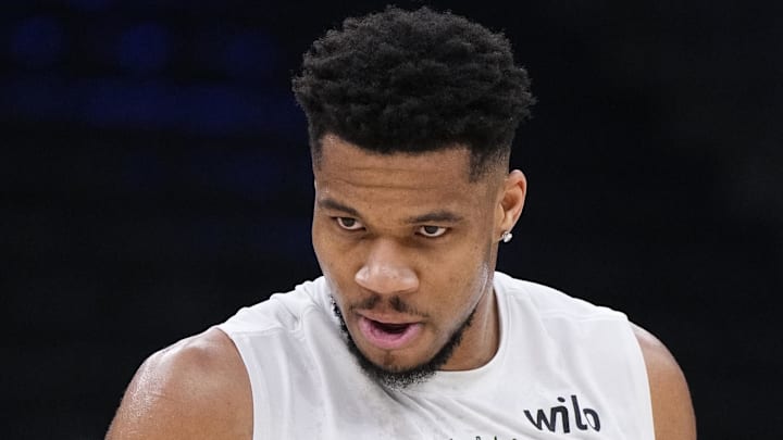 Feb 3, 2026; Milwaukee, Wisconsin, USA; Milwaukee Bucks forward Giannis Antetokounmpo (34) practices before a game against the Chicago Bulls at Fiserv Forum. Mandatory Credit: Michael McLoone-Imagn Images