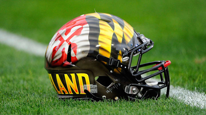 General view of a Maryland Terrapins helmet on the field prior to the game against the Penn State Nittany Lions at Beaver Stadium.  Mandatory Credit: Rich Barnes-Imagn Images