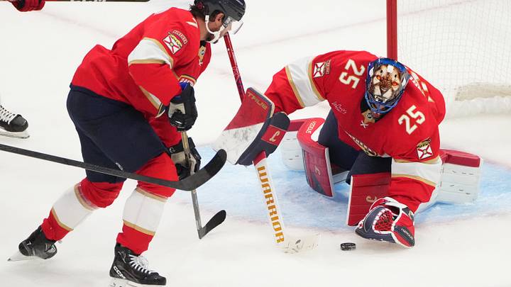 Sep 20, 2026; Sunrise, Florida, USA;  Florida Panthers goaltender Jacob Markstrom (25) makes a stop against the Carolina Hurricanes during the third period at Amerant Bank Arena.  Mandatory Credit: Jim Rassol-Imagn Images