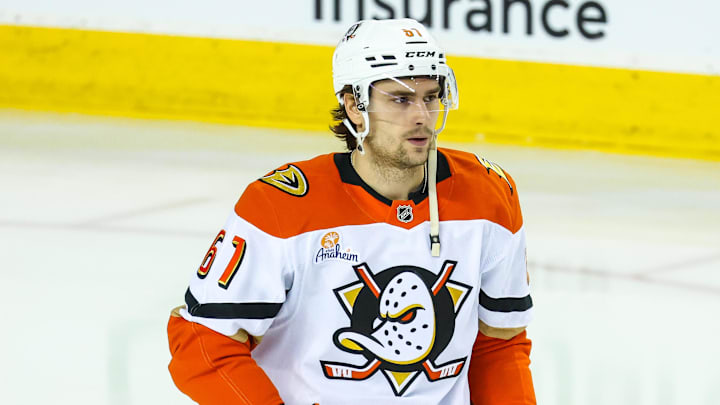 Jan 25, 2026; Calgary, Alberta, CAN; Anaheim Ducks left wing Cutter Gauthier (61) skates during the warmup period against the Calgary Flames at Scotiabank Saddledome. Mandatory Credit: Sergei Belski-Imagn Images Jan 25, 2026; Calgary, Alberta, CAN; Anaheim Ducks left wing Cutter Gauthier (61) skates during the warmup period against the Calgary Flames at Scotiabank Saddledome. Mandatory Credit: Sergei Belski-Imagn Images