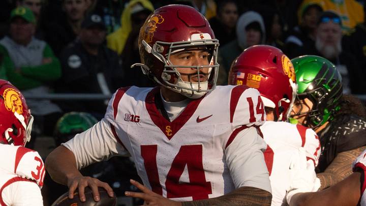 Southern California’s Jayden Maiava throws down field against Oregon during the first half Nov. 22, 2025. Southern California’s Jayden Maiava throws down field against Oregon during the first half Nov. 22, 2025.