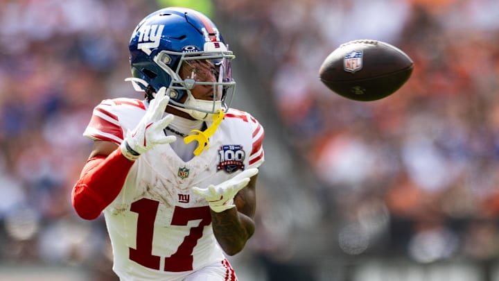 Sep 22, 2024; Cleveland, Ohio, USA; New York Giants wide receiver Wan'Dale Robinson (17) catches a pass during the third quarter against the Cleveland Browns at Huntington Bank Field. Mandatory Credit: Scott Galvin-Imagn Images